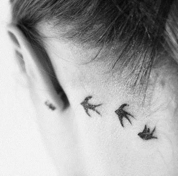 Black Flying Birds Tattoo On Side Neck