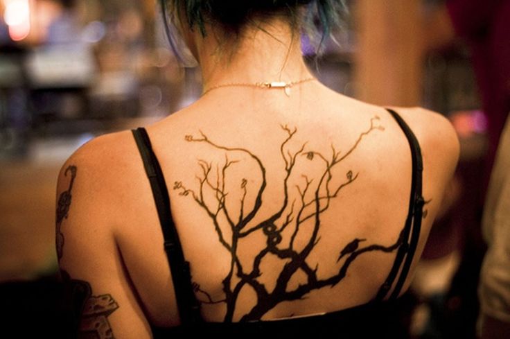 Black Gothic Tree Tattoo On Girl Upper Back