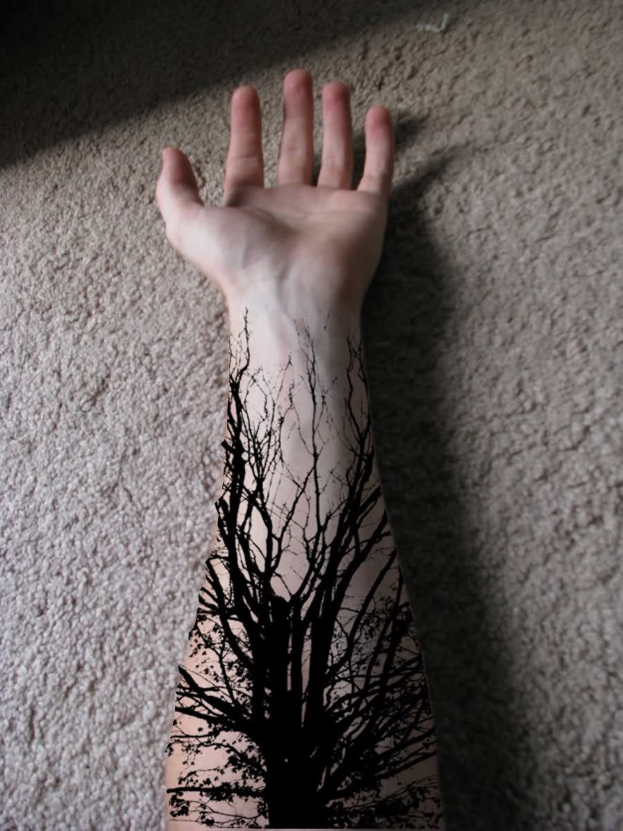 Black Gothic Tree Tattoo On Left Forearm