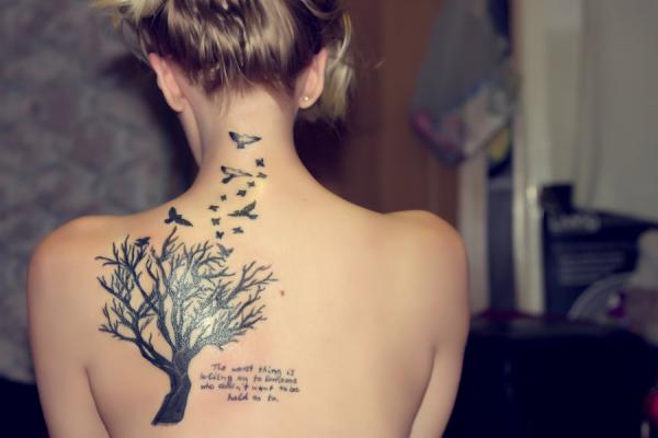 Black Gothic Tree With Flying Birds Tattoo On Girl Upper Back