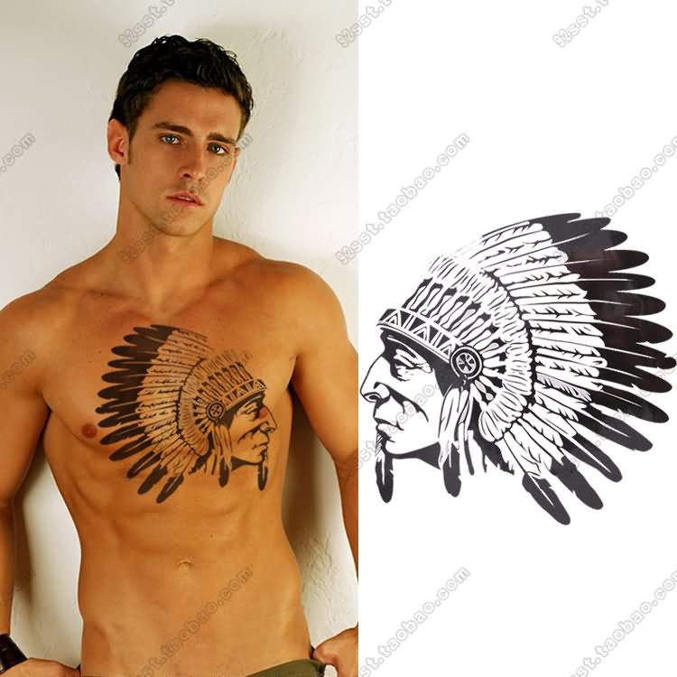 Black Indian Chief Female Tattoo On Man Chest