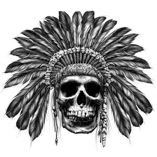 Black Ink 3D Indian Chief Skull Tattoo Design By Pezutek