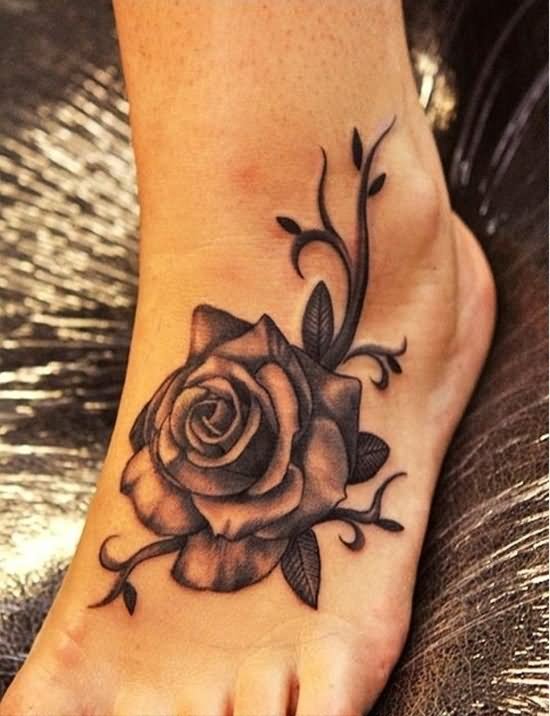 Black Ink 3D Rose Tattoo Design For Men Foot