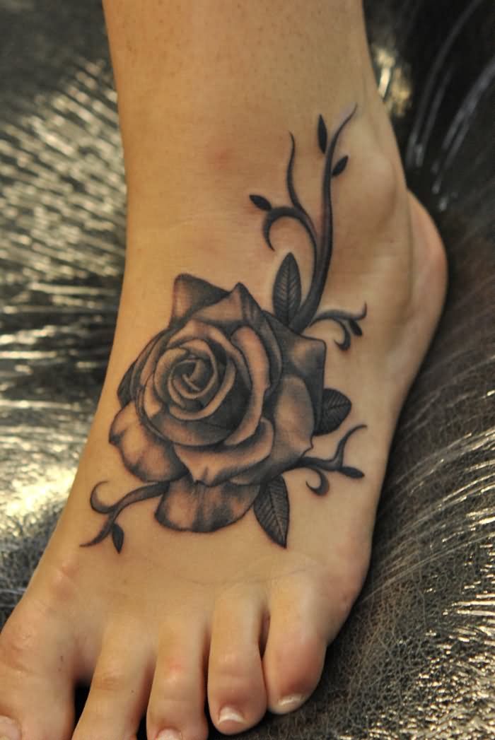 Black Ink 3D Rose Tattoo On Left Foot