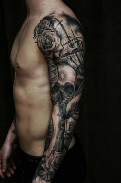 Black Ink 3D Skull With Rose And Ship Tattoo On Man Left Full Sleeve