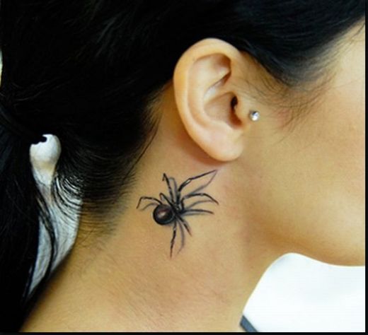 Black Ink 3D Spider Tattoo On Girl Side Neck