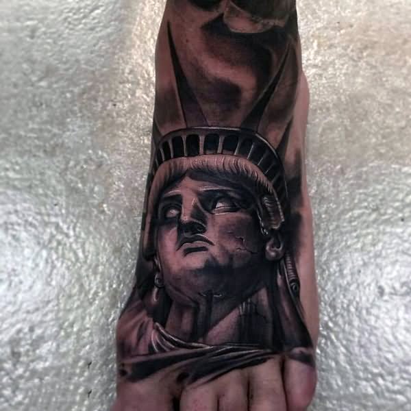 Black Ink 3D Statue Of Liberty Tattoo Design For Men Foot