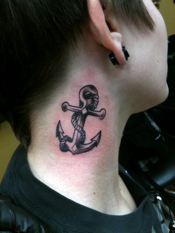 Black Ink Anchor Tattoo On Girl Right Side Neck