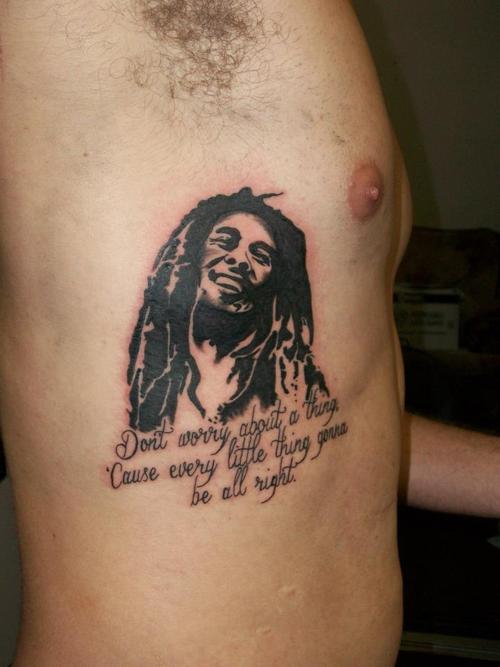 Black Ink Bob Marley Tattoo On Side Rib