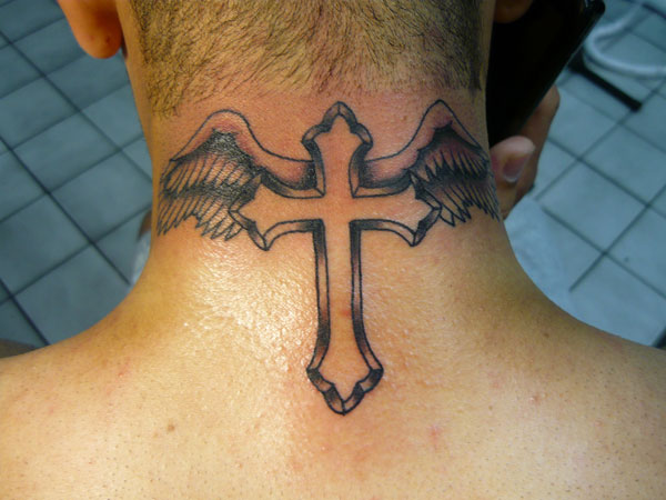 Black Ink Cross With Wings Tattoo On Back Neck