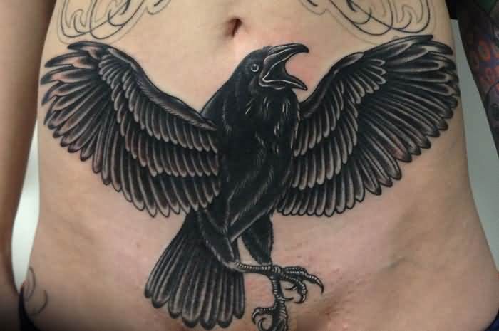 Black Ink Crow Tattoo Design For Stomach