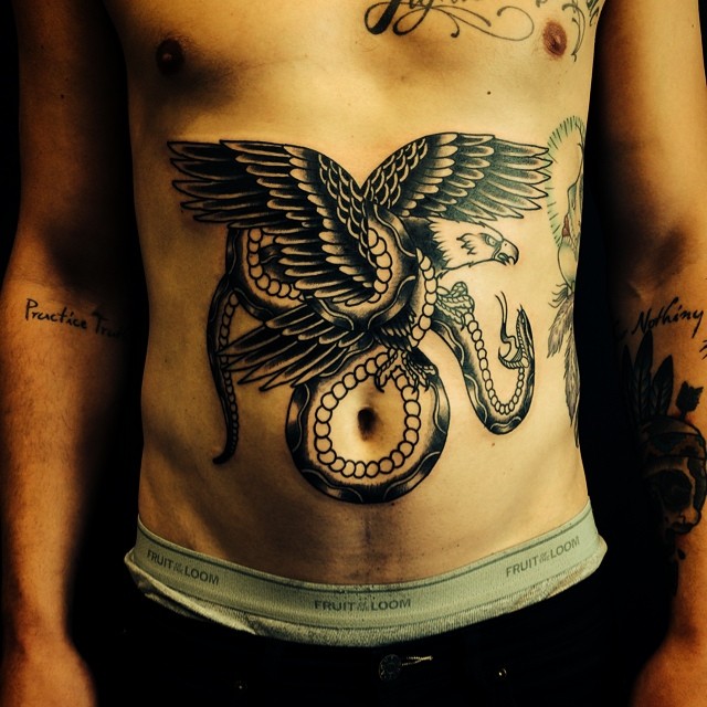 Black Ink Eagle With Snake Tattoo On Man Stomach