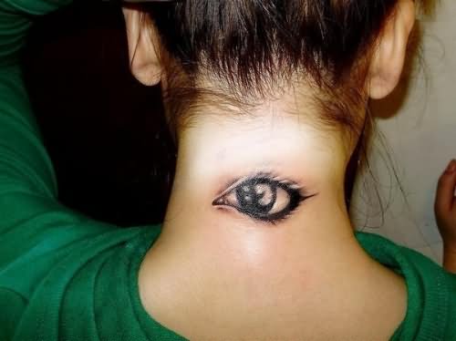 Black Ink Eye Tattoo On Girl Back Neck