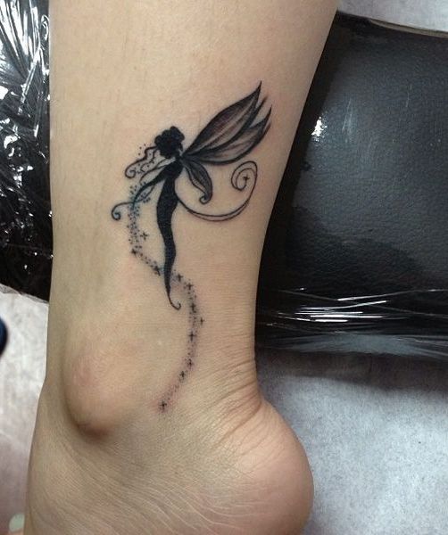 Black Ink Fairy Tattoo On Ankle