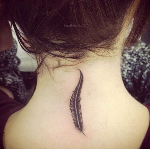 Black Ink Feather Tattoo On Girl Back Neck