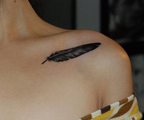 Black Ink Feather Tattoo On Girl Collar Bone
