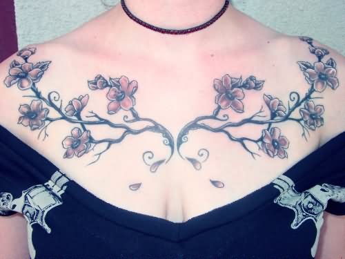 Black Ink Flowers Tattoo On Girl Collar Bone