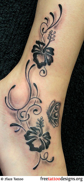 Black Ink Flowers With Butterfly Tattoo On Ankle