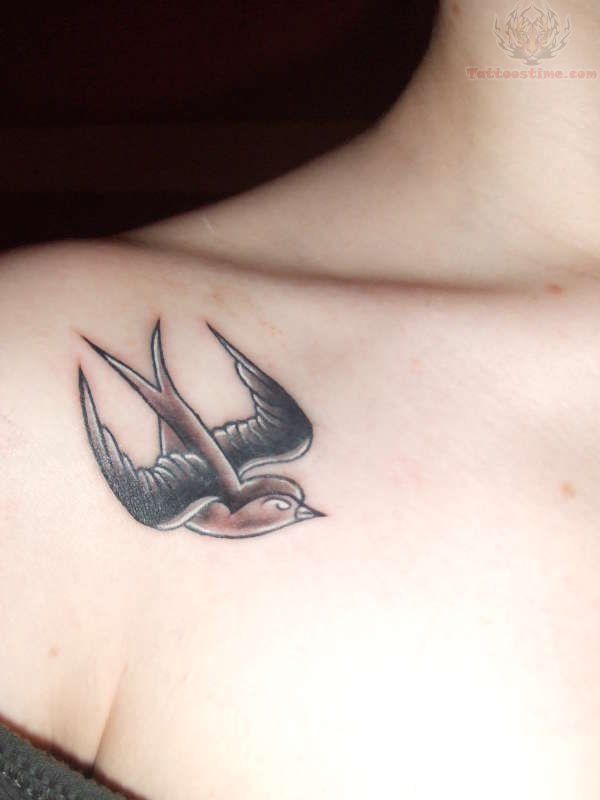 Black Ink Flying Bird Tattoo Design For Collar Bone