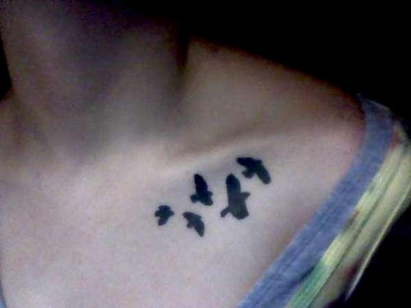 Black Ink Flying Birds Tattoo On Left Collar Bone