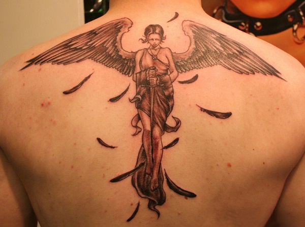 Black Ink Gothic Angel Tattoo On Upper Back