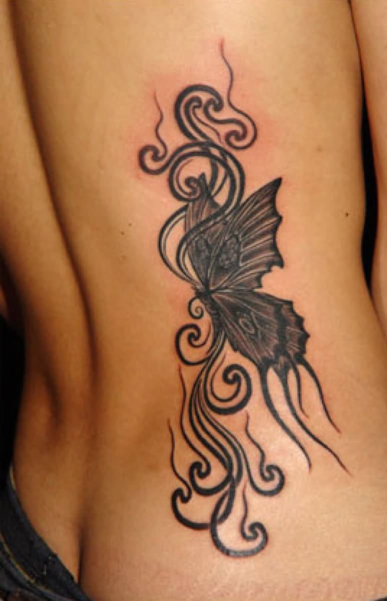 Black Ink Gothic Butterfly Tattoo Design For Side Rib