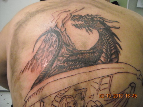 Black Ink Gothic Dragon Tattoo Design For Back