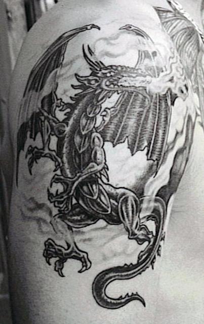 Black Ink Gothic Dragon Tattoo Design For Shoulder