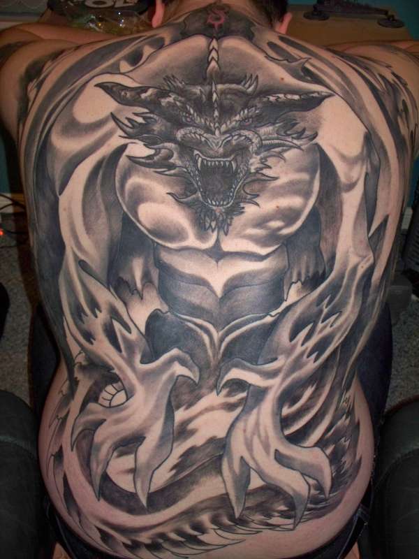 Black Ink Gothic Dragon Tattoo On Full Back