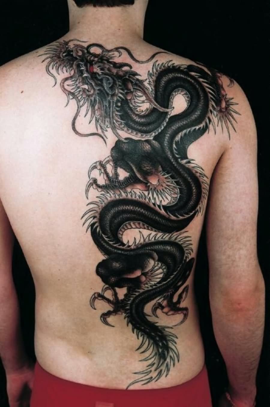 Black Ink Gothic Dragon Tattoo On Man Full Back By Genko