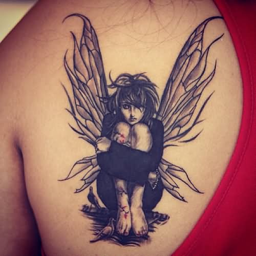 Black Ink Gothic Fairy Tattoo On Left Back Shoulder