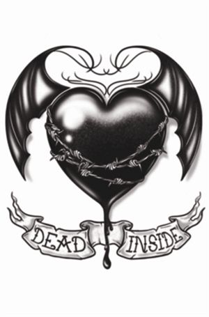 Black Ink Gothic Heart With Bat Wings And Banner Tattoo Design