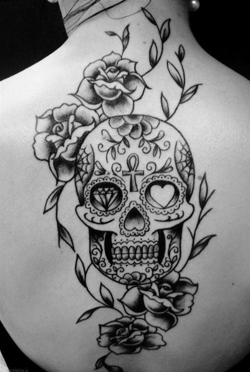 Black Ink Gothic Sugar Skull With Roses Tattoo On Upper Back