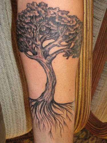 Black Ink Gothic Tree Tattoo Design For Forearm