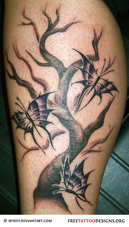Black Ink Gothic Tree With Butterflies Tattoo Design For Leg