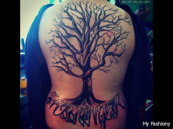 Black Ink Gothic Tree Without Leaves Tattoo On Full Back