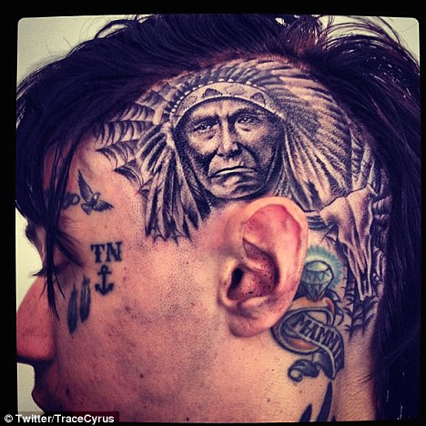 Black Ink Indian Chief Female Head Tattoo On Man Head