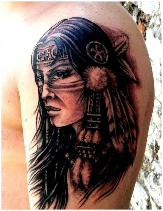 Black Ink Indian Chief Female Tattoo Design For Shoulder