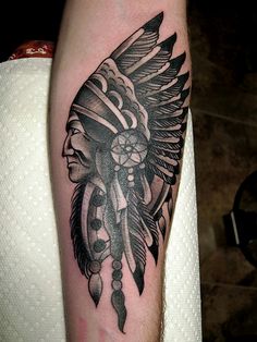 Black Ink Indian Chief Female Tattoo Design For Sleeve