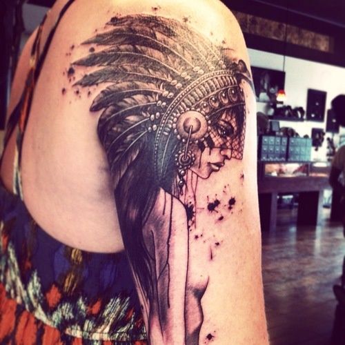 Black Ink Indian Chief Female Tattoo On Girl Right Shoulder
