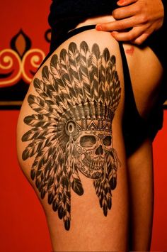 Black Ink Indian Chief Skull Head Tattoo Design For Girl Thigh
