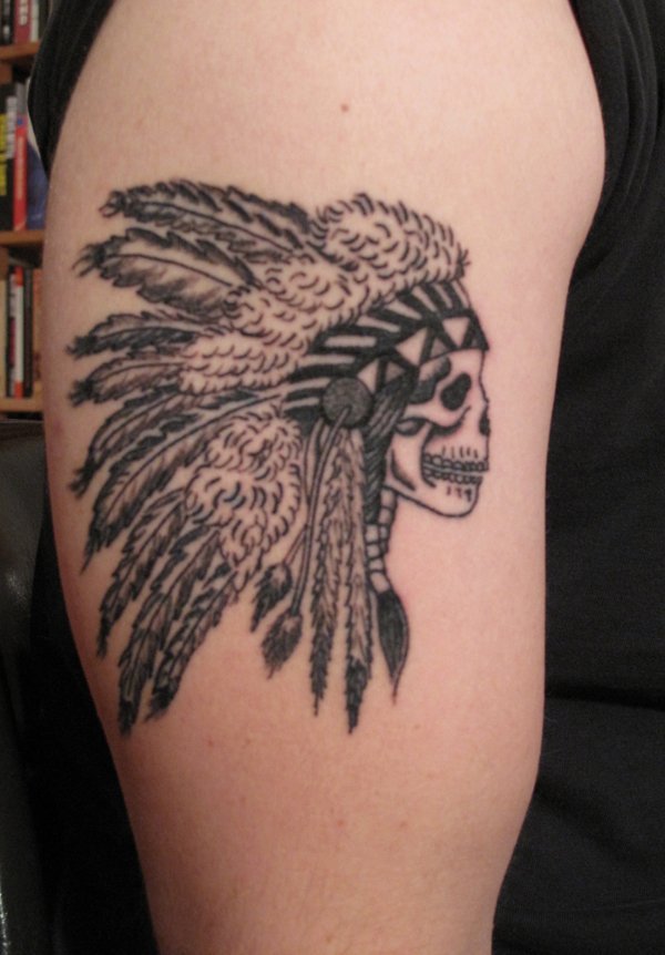 Black Ink Indian Chief Skull Head Tattoo On Right Half Sleeve