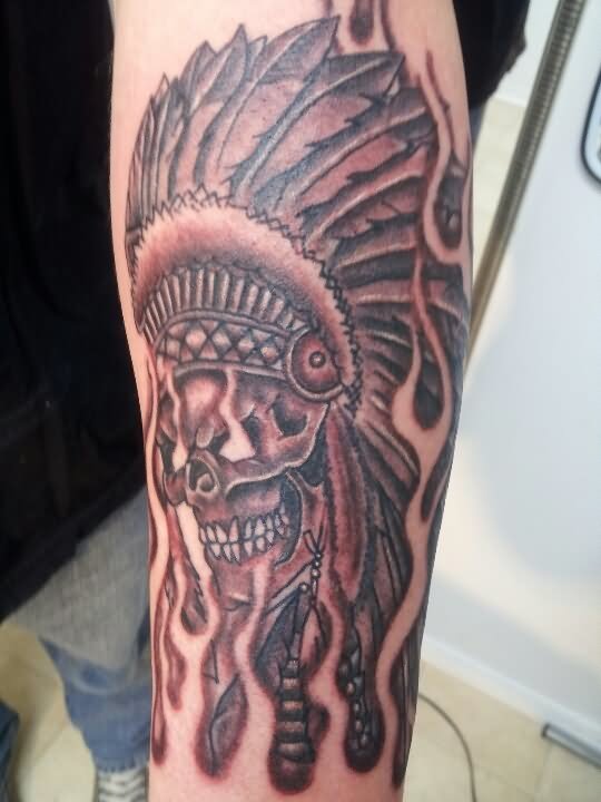 Black Ink Indian Chief Skull Tattoo Design For Sleeve