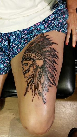 Black Ink Indian Chief Skull Tattoo Design For Thigh