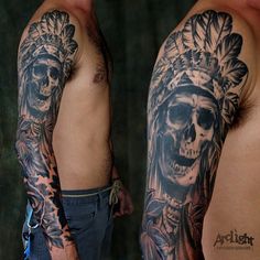 Black Ink Indian Chief Skull Tattoo On Right Full Sleeve