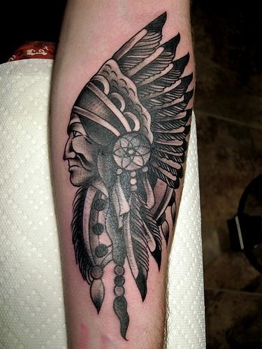 Black Ink Indian Chief Tattoo Design For Forearm