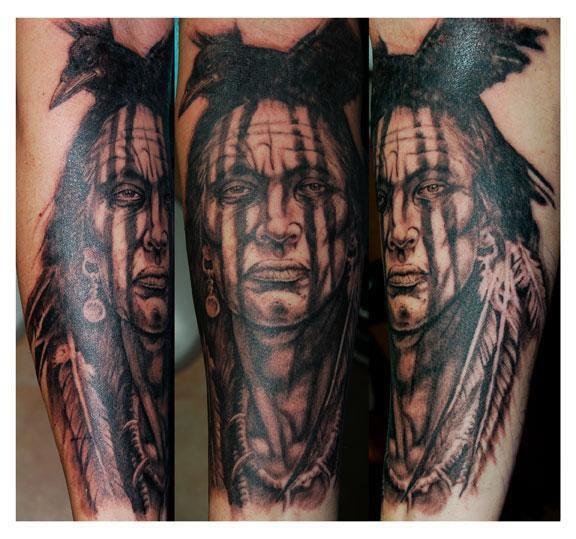 Black Ink Indian Chief Tattoo Design For Sleeve By Chris Q