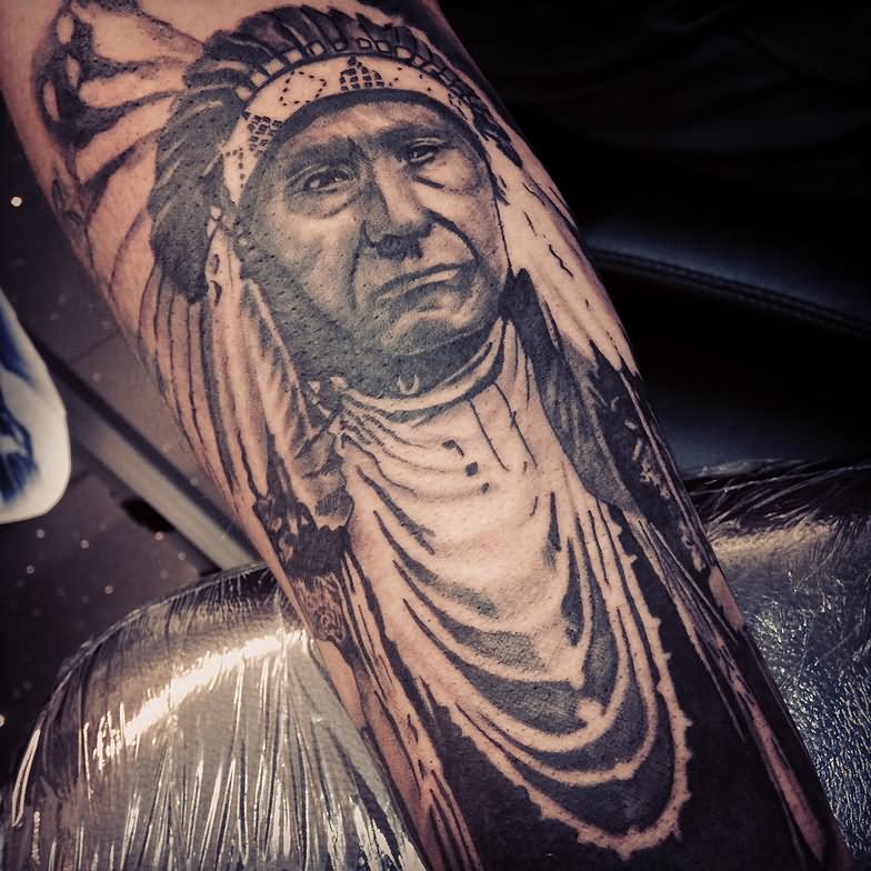 Black Ink Indian Chief Tattoo Design For Sleeve By Josh Hobden