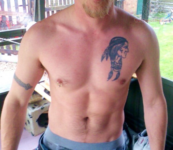Black Ink Indian Chief Tattoo On Man Left Chest