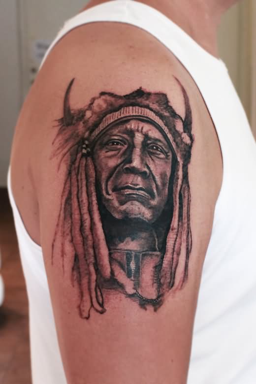 Black Ink Indian Chief Tattoo On Man Right Half Sleeve By Nissta